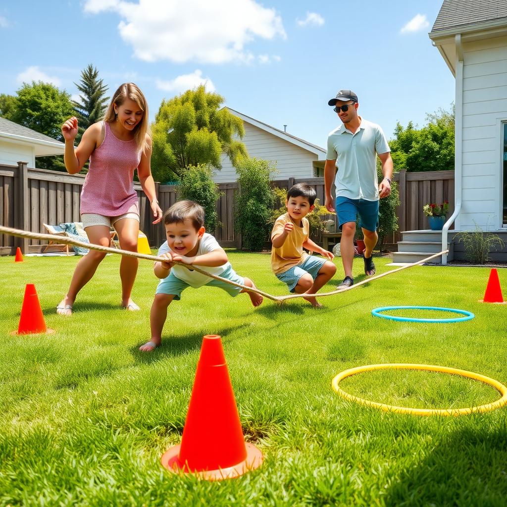 A family of four enjoying a backyard obstacle course, with kids crawling under a rope and parents cheering.
