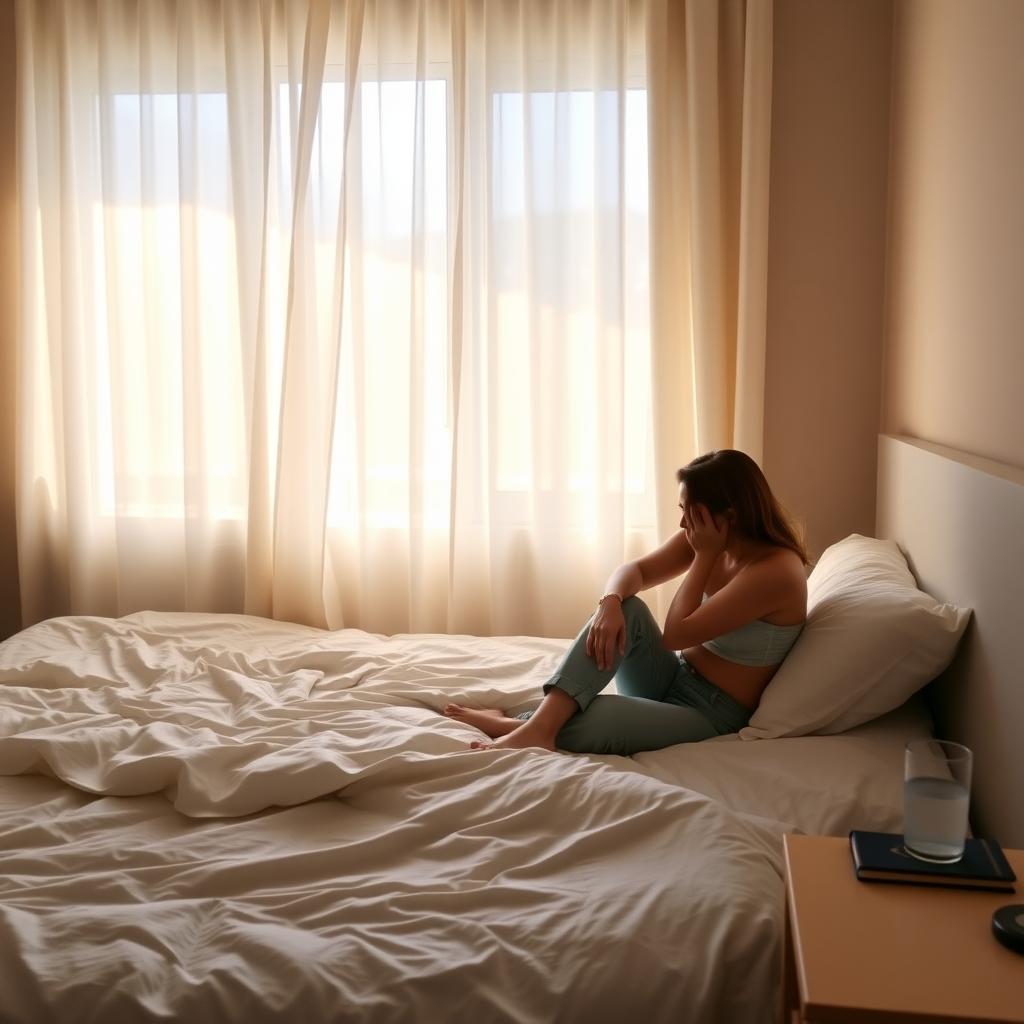 A woman sits tiredly on her bed in a softly lit bedroom, reflecting the exhaustion of chronic fatigue.