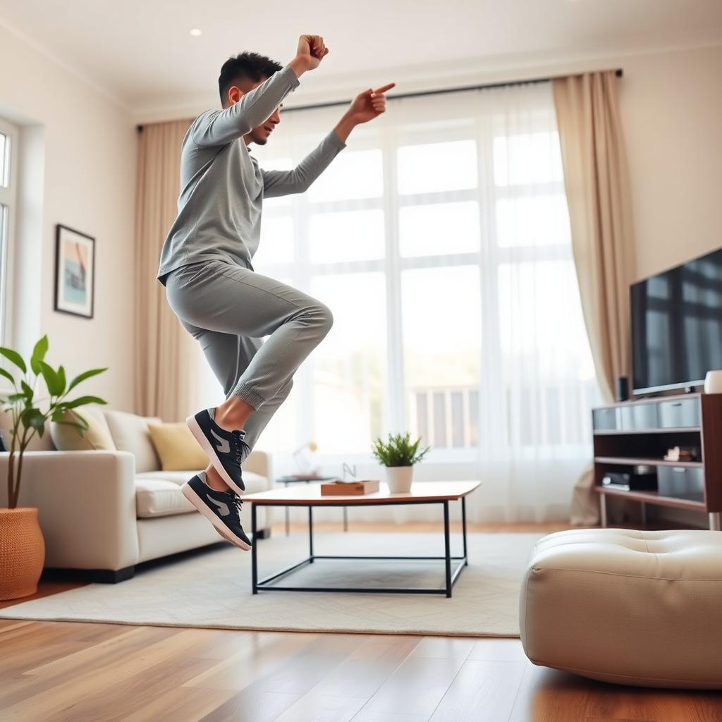 A beginner does jumping jacks in a cozy living room with a TV and couch.