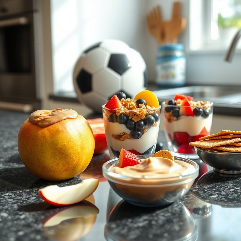A bright kitchen counter displays healthy snacks like apple slices with peanut butter, yogurt parfaits, and whole-grain crackers with hummus, with a soccer ball in the background.