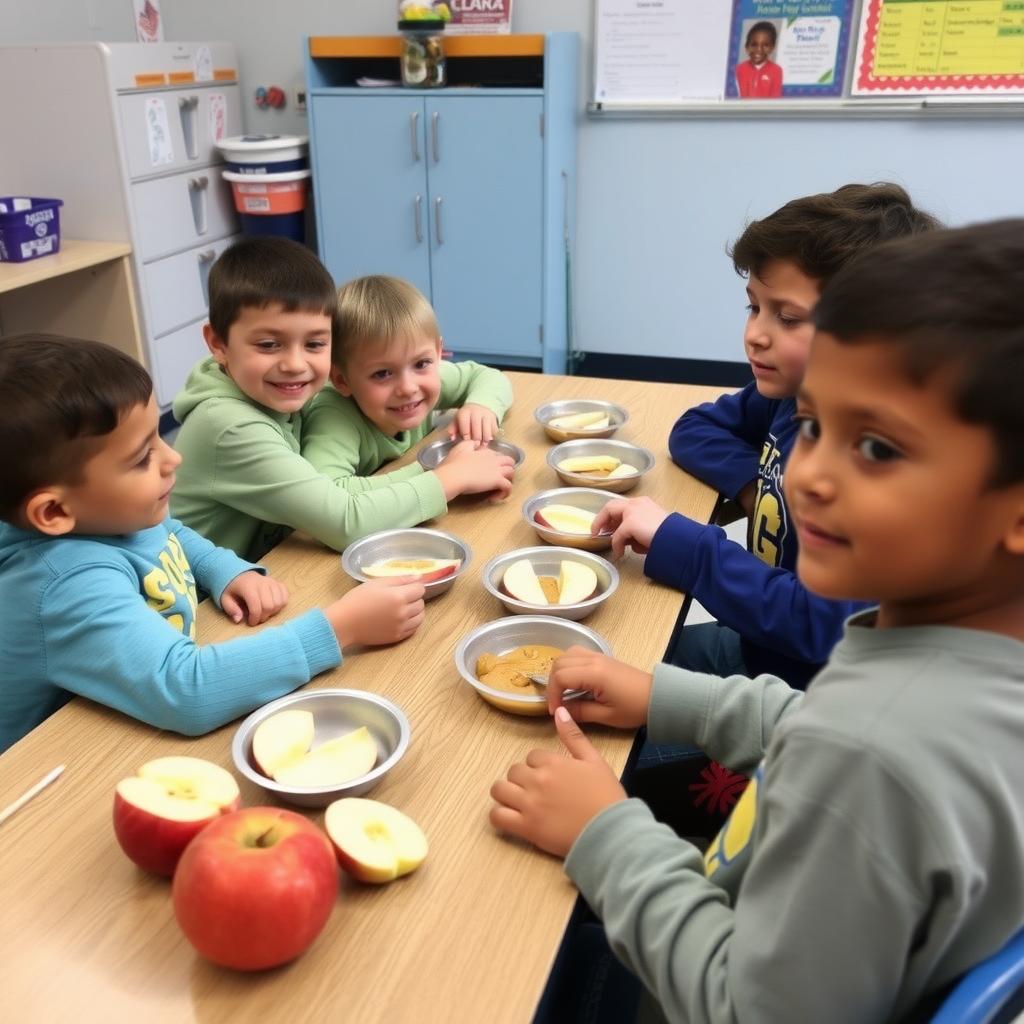 A classroom scene where students enjoy allergy-safe snacks.