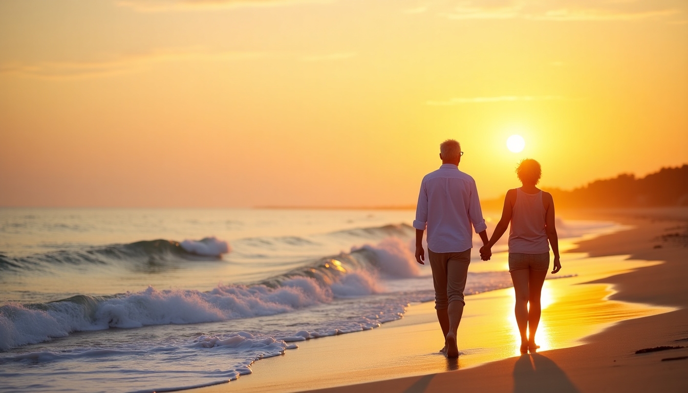 Senior couple walking on the beach