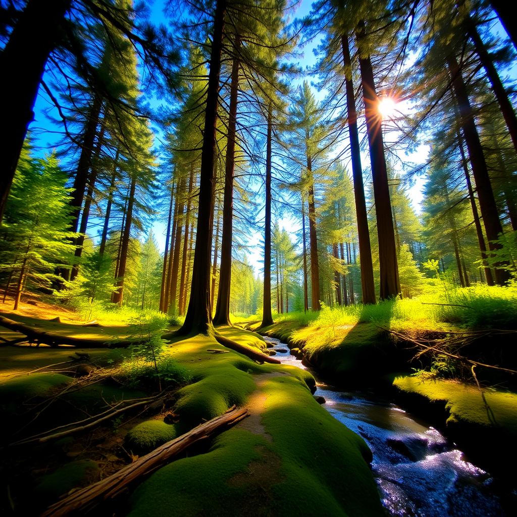 A tranquil forest clearing with sunlight streaming through pine trees and a small stream reflecting the light.