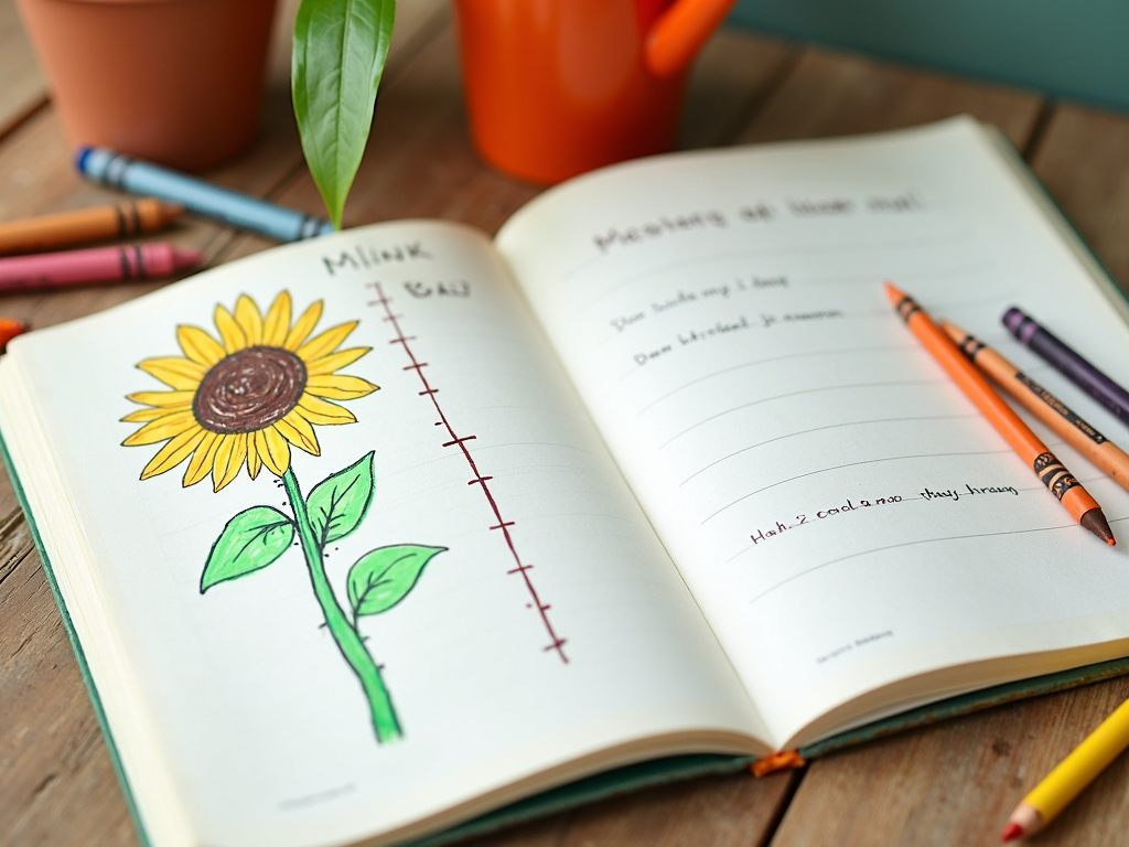 A child’s garden journal with a sunflower drawing