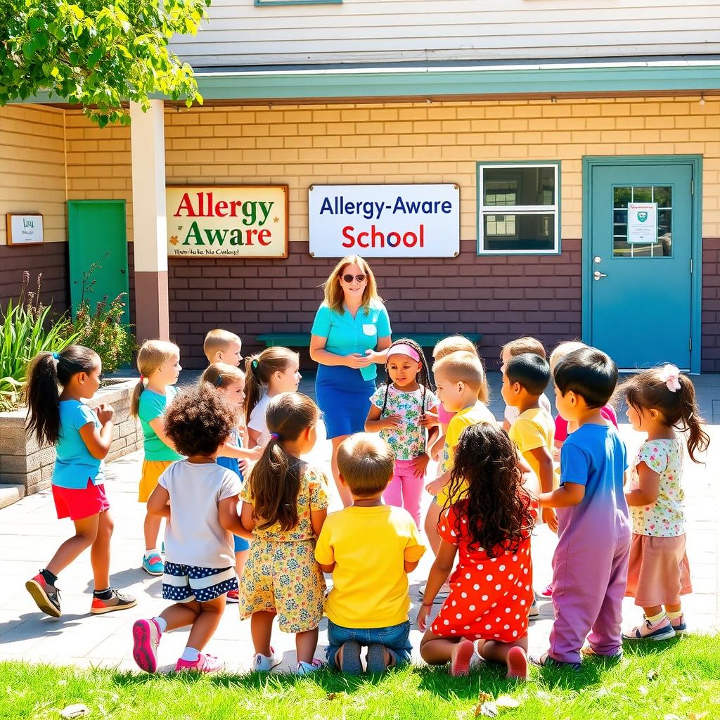 Children playing in a school courtyard with an 'Allergy-Aware School' sign in the background.