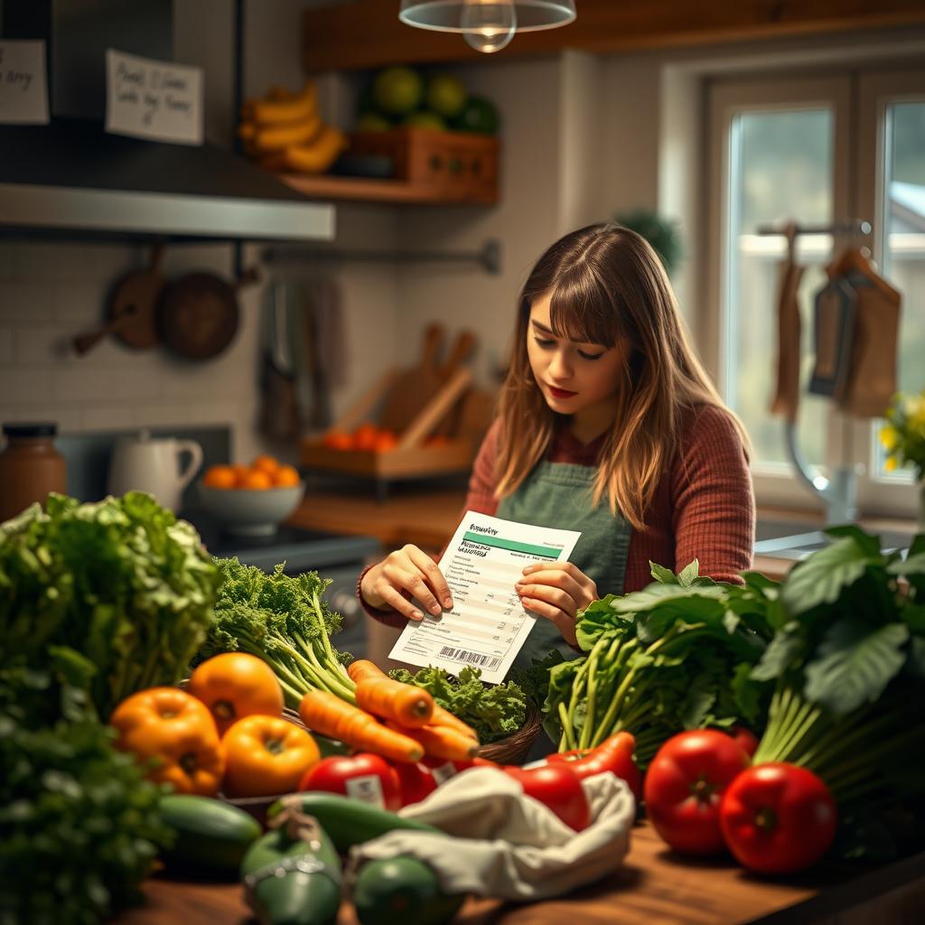 A person in a cozy kitchen reading a food label on a grocery item, surrounded by fresh apples, carrots, and leafy greens.
