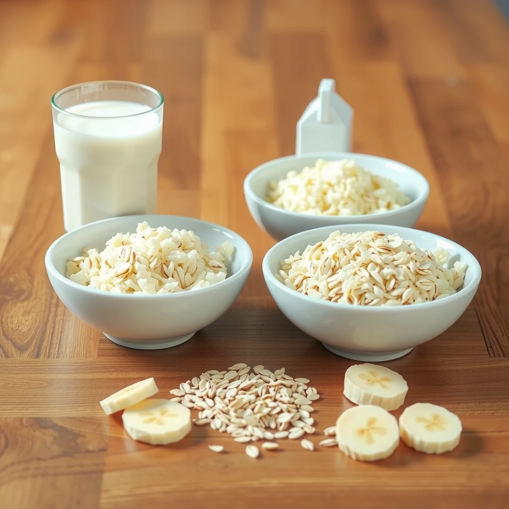 Common FPIES trigger foods displayed in bowls on a table: cow's milk, soy, rice, oats