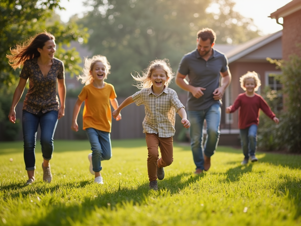 A family playing tag in their backyard.
