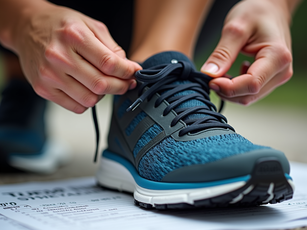 Runner tying shoes with training plan