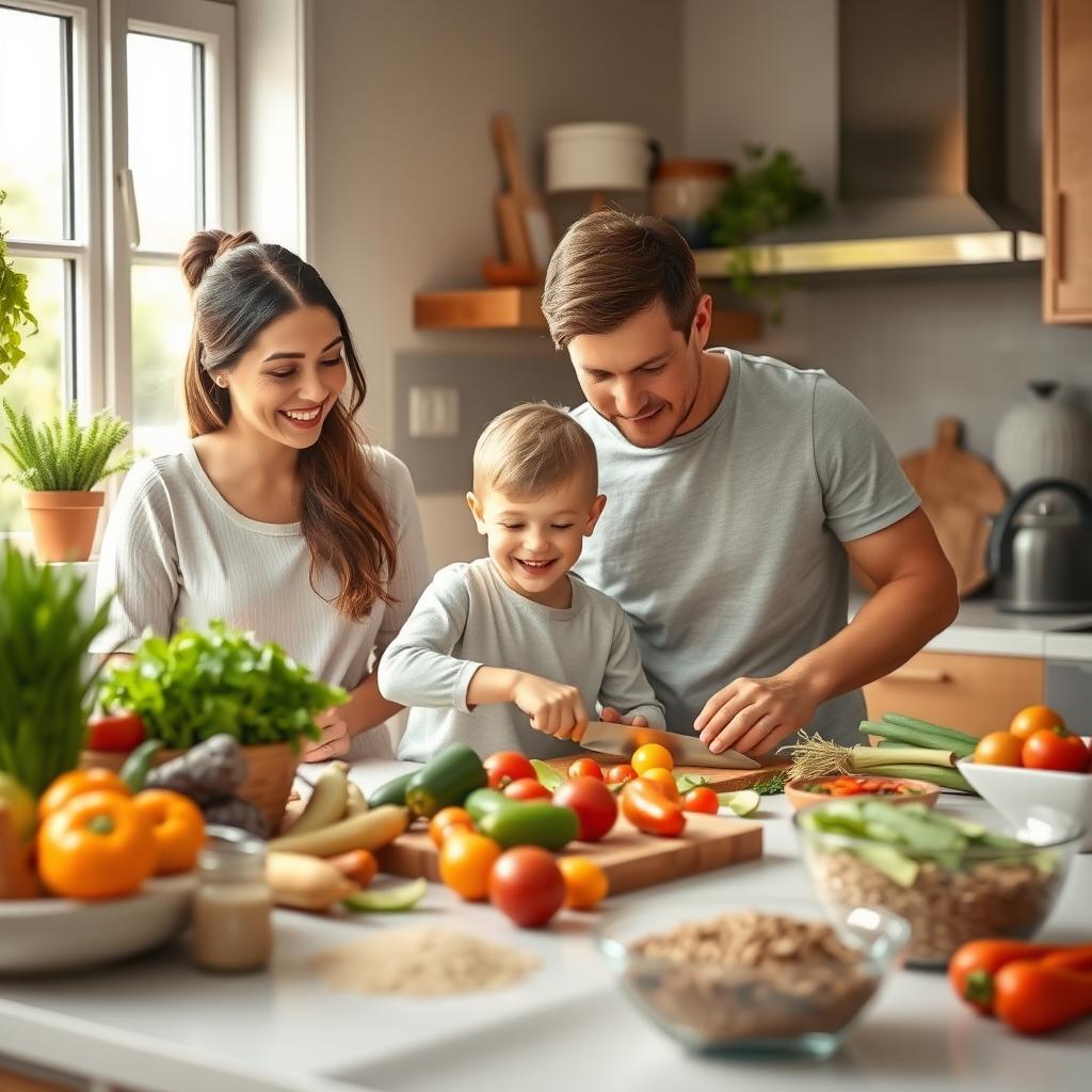 A family of three happily preparing a healthy meal in a bright kitchen, surrounded by fresh vegetables and fruits.