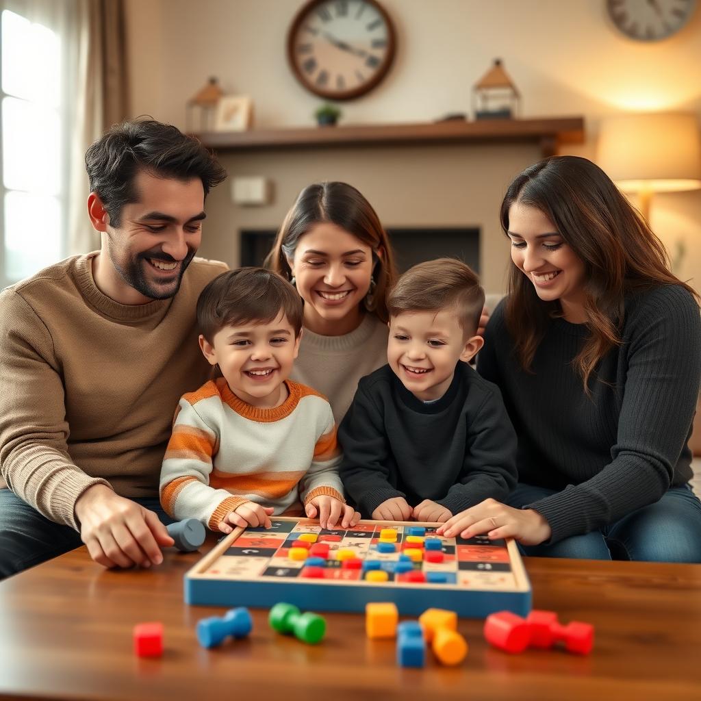 A family playing a board game together in a cozy living room.