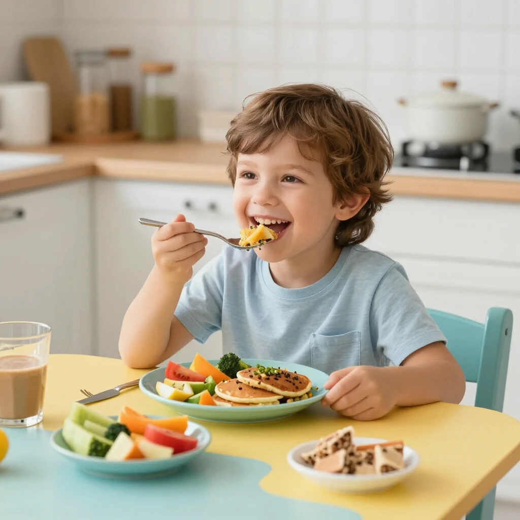 Happy child enjoying a colorful gluten-free meal