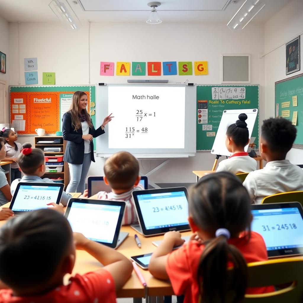 Students in a modern classroom use AI-powered tablets and laptops while a teacher assists with a digital whiteboard.