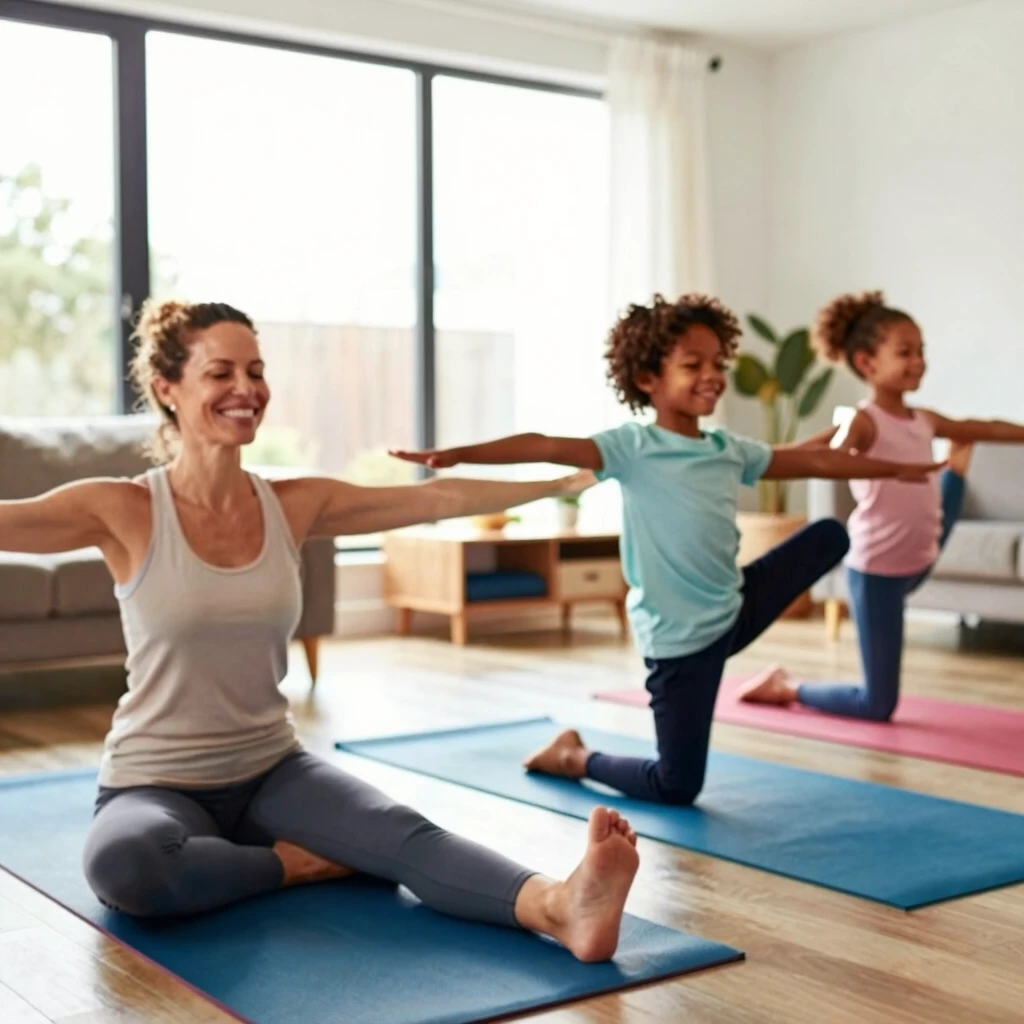 Happy family practicing tree pose yoga in their living room