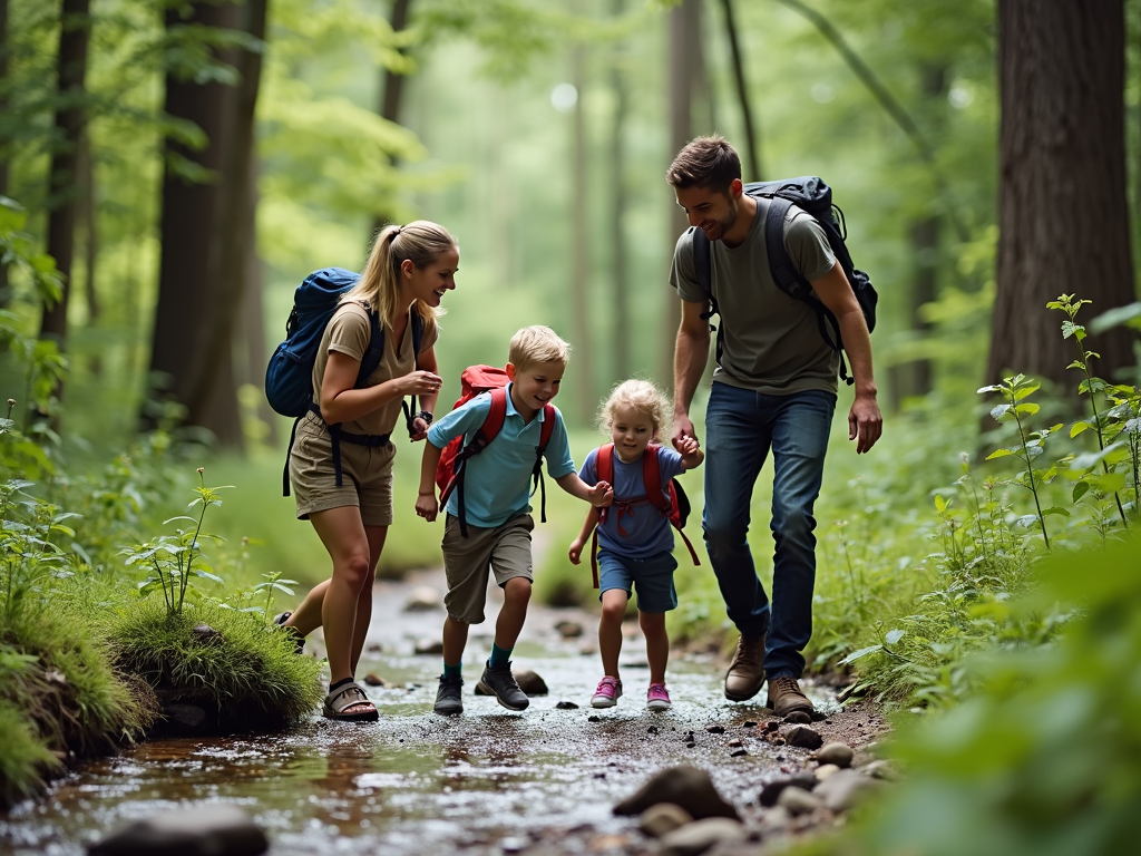 Family hiking and crossing a stream