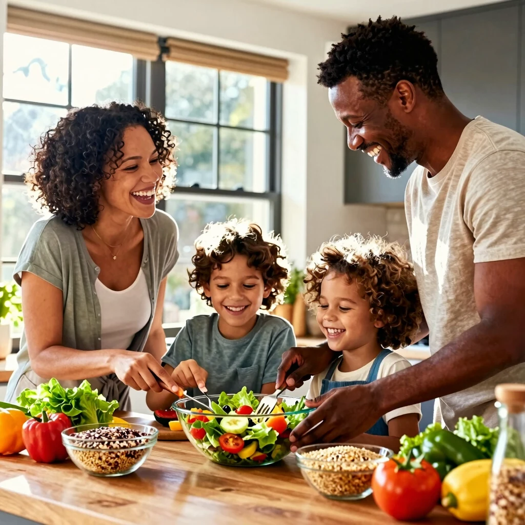 Happy family preparing a healthy meal together in the kitchen