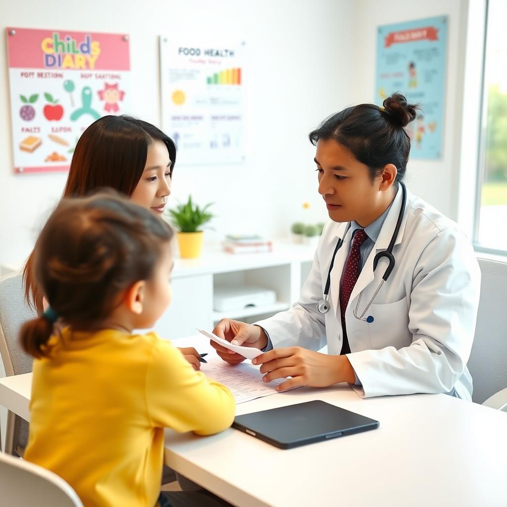A pediatrician and parent reviewing a food diary in a bright, modern doctor’s office.