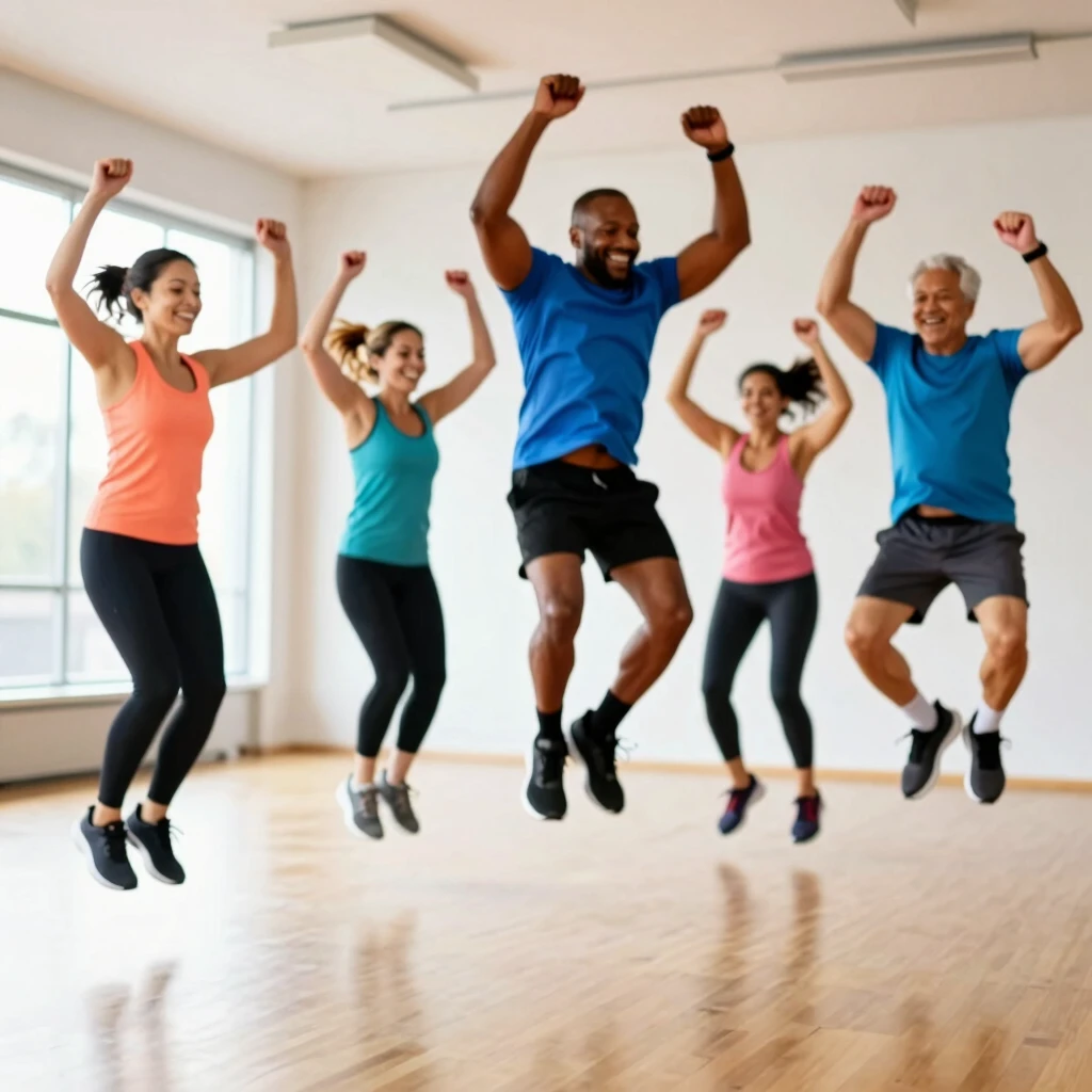 Group of people doing jumping jacks in a gym