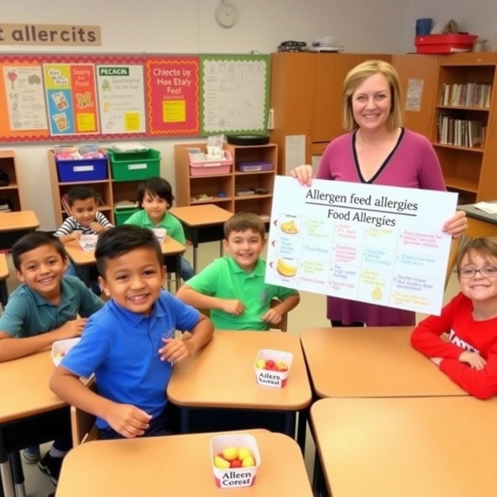 A bright classroom with children enjoying allergen-free snacks and a teacher explaining food allergies with a chart.