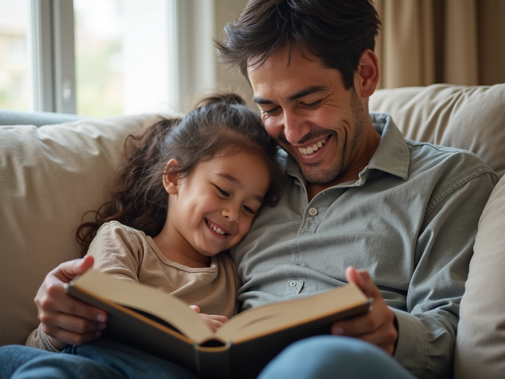 A parent and child bonding over a story after a calm day.