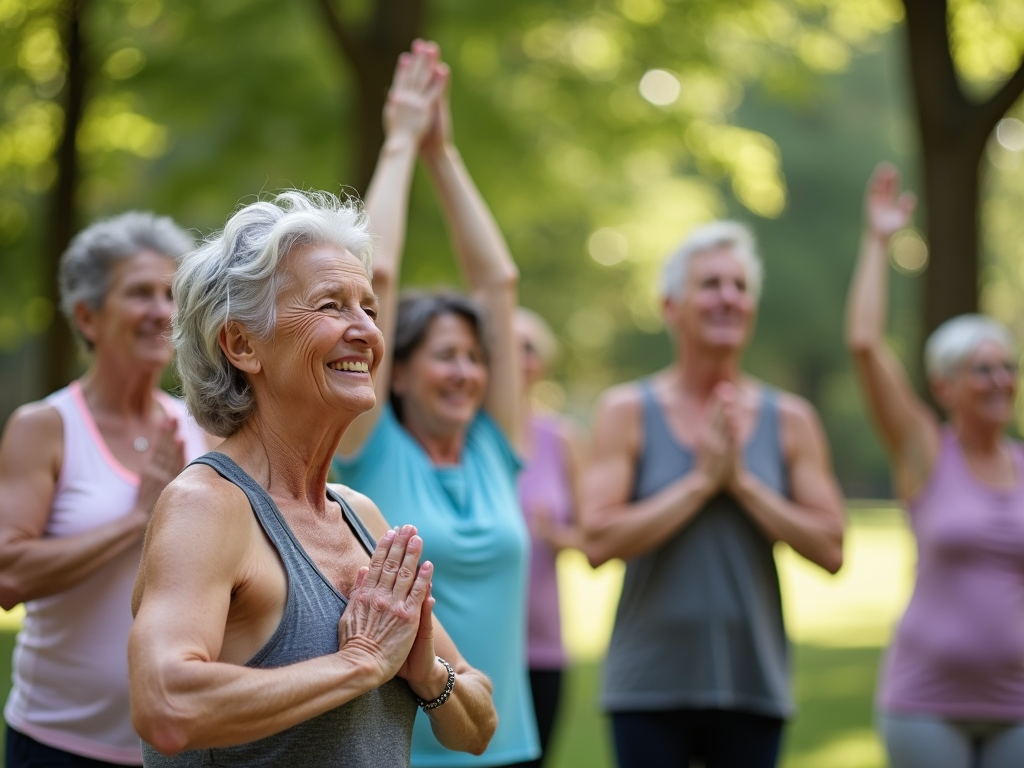 Group of people practicing yoga in a park