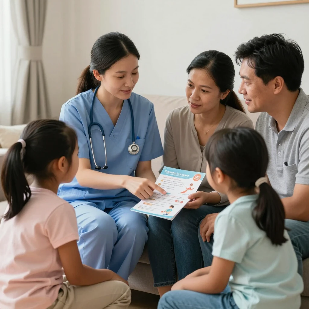 Community health worker educating a family at home about health and wellness