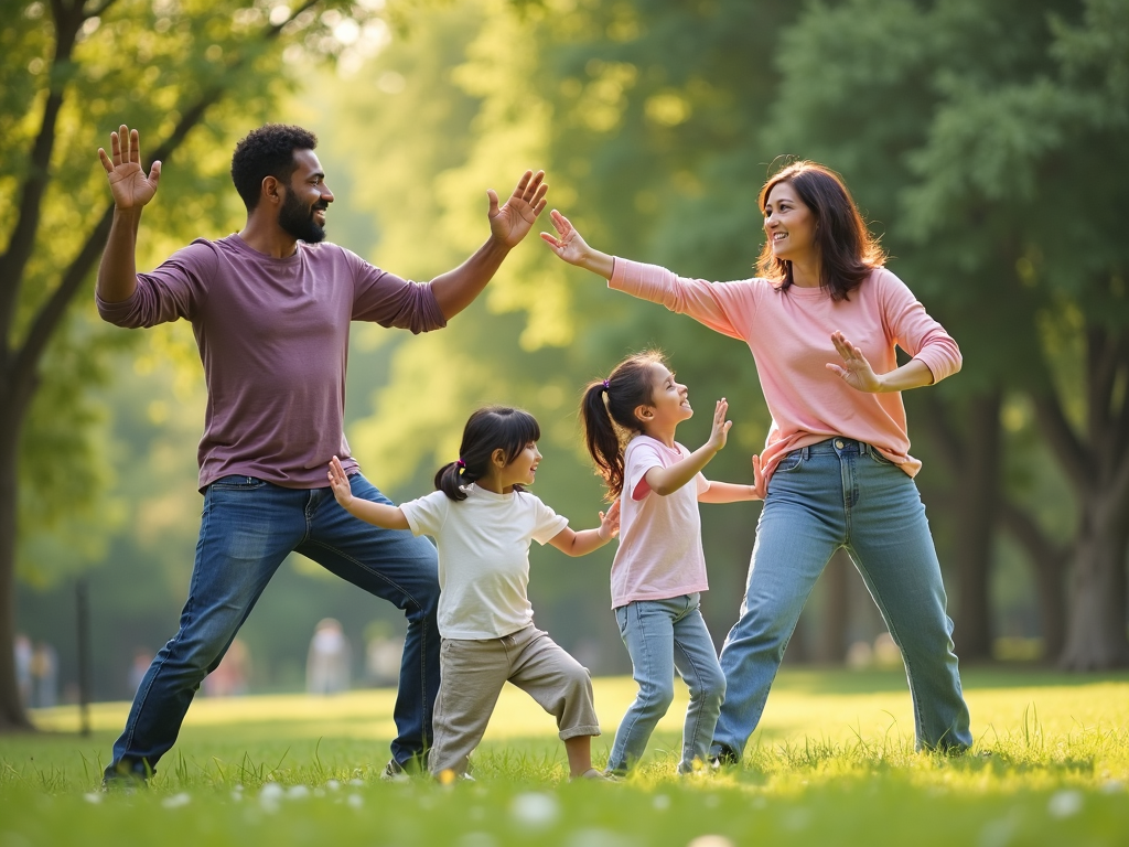 Family practicing Tai Chi together in a peaceful park