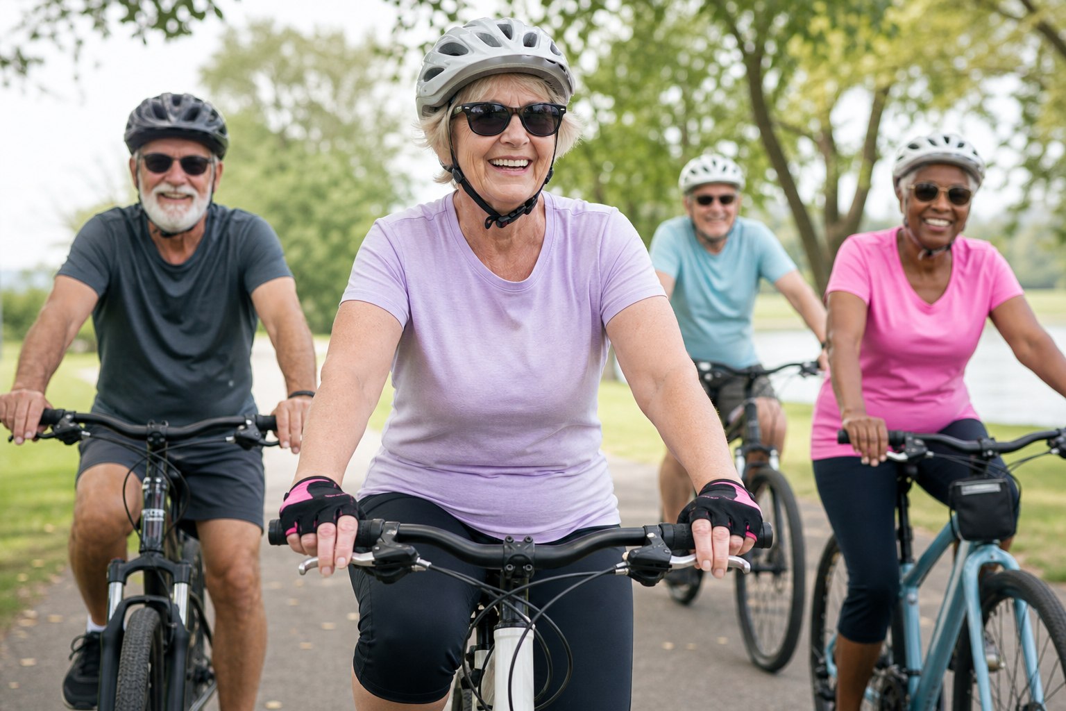 Group of seniors enjoying a fun cycling outing together for heart health and wellness