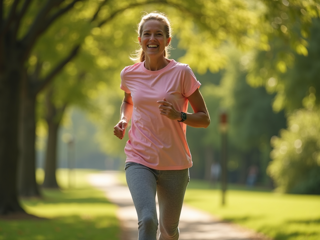 A happy individual enjoying a jog in a serene park setting.
