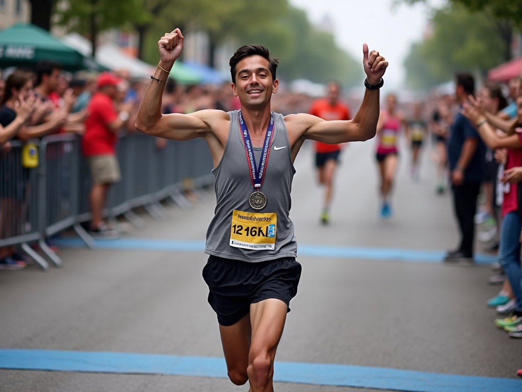 Runner finishing a 5K race with a triumphant expression.