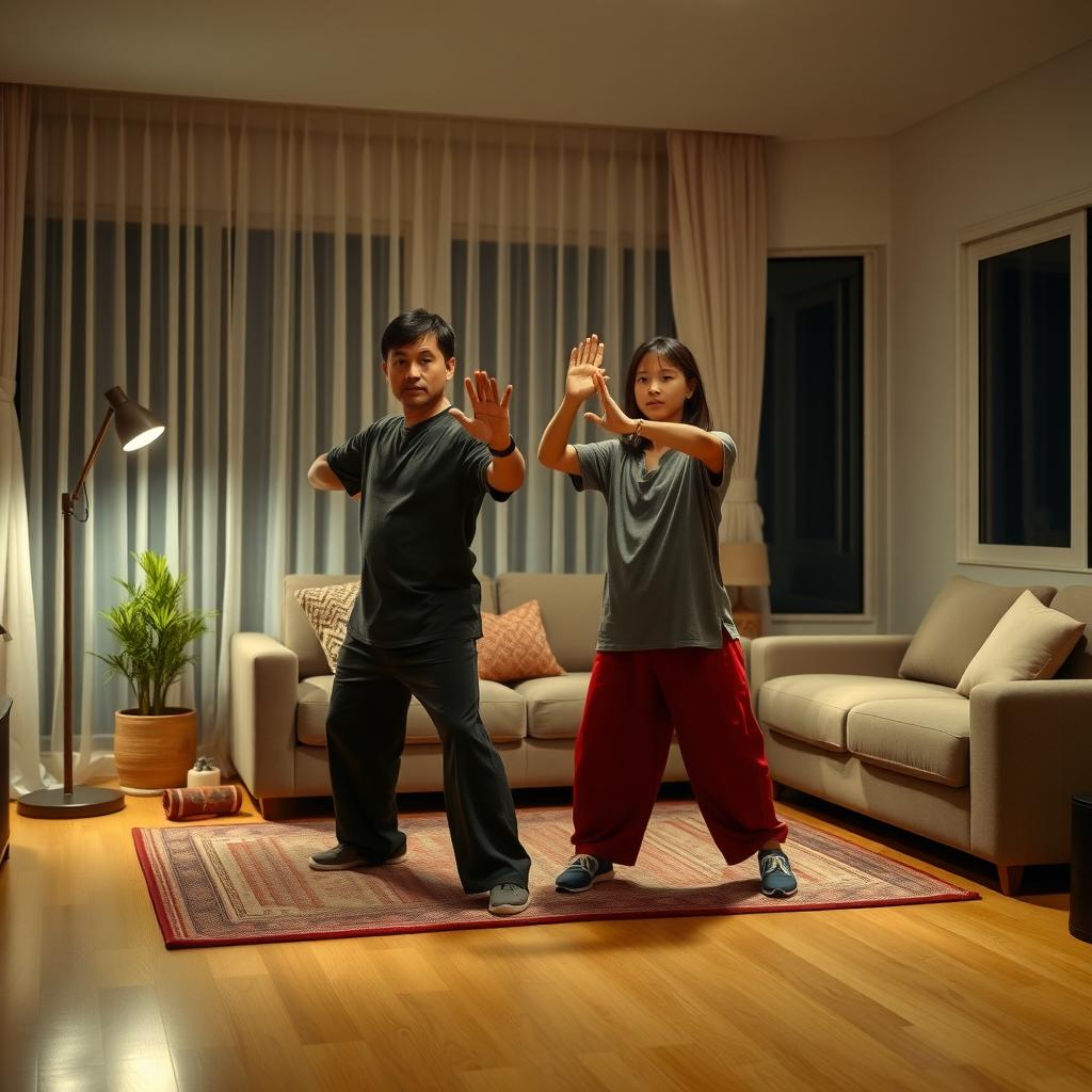 A family of three practicing Tai Chi in a cozy living room at night, performing the 'Repulse Monkey' move under soft lighting.