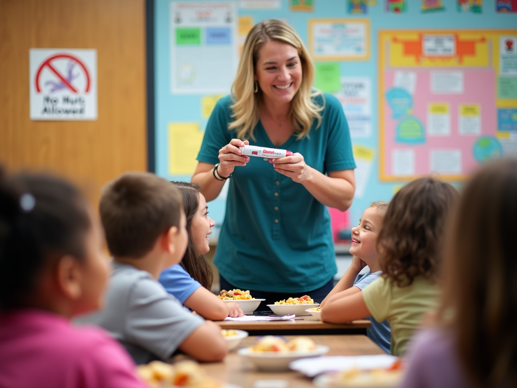 A teacher in a nut-free classroom showing kids an EpiPen.