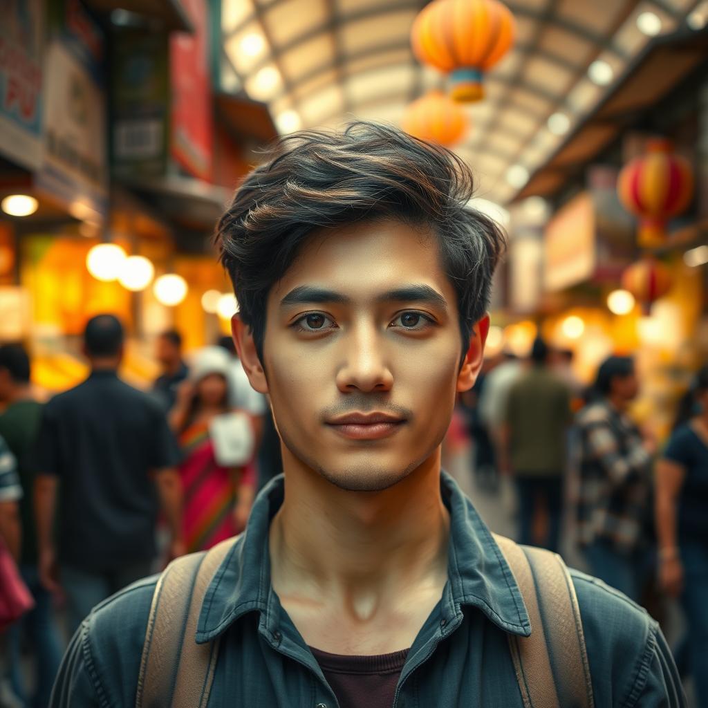 A person stands calmly in a vibrant, crowded marketplace, showing confidence.