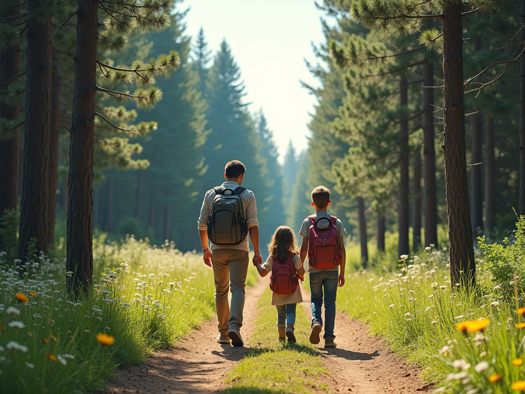 Family hiking on a scenic forest trail.
