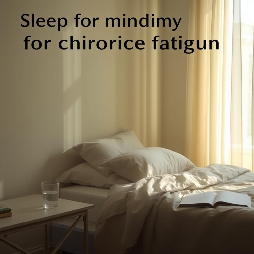 Cozy bedroom with a bed, nightstand, and morning light filtering through curtains, representing restful sleep for chronic fatigue management.
