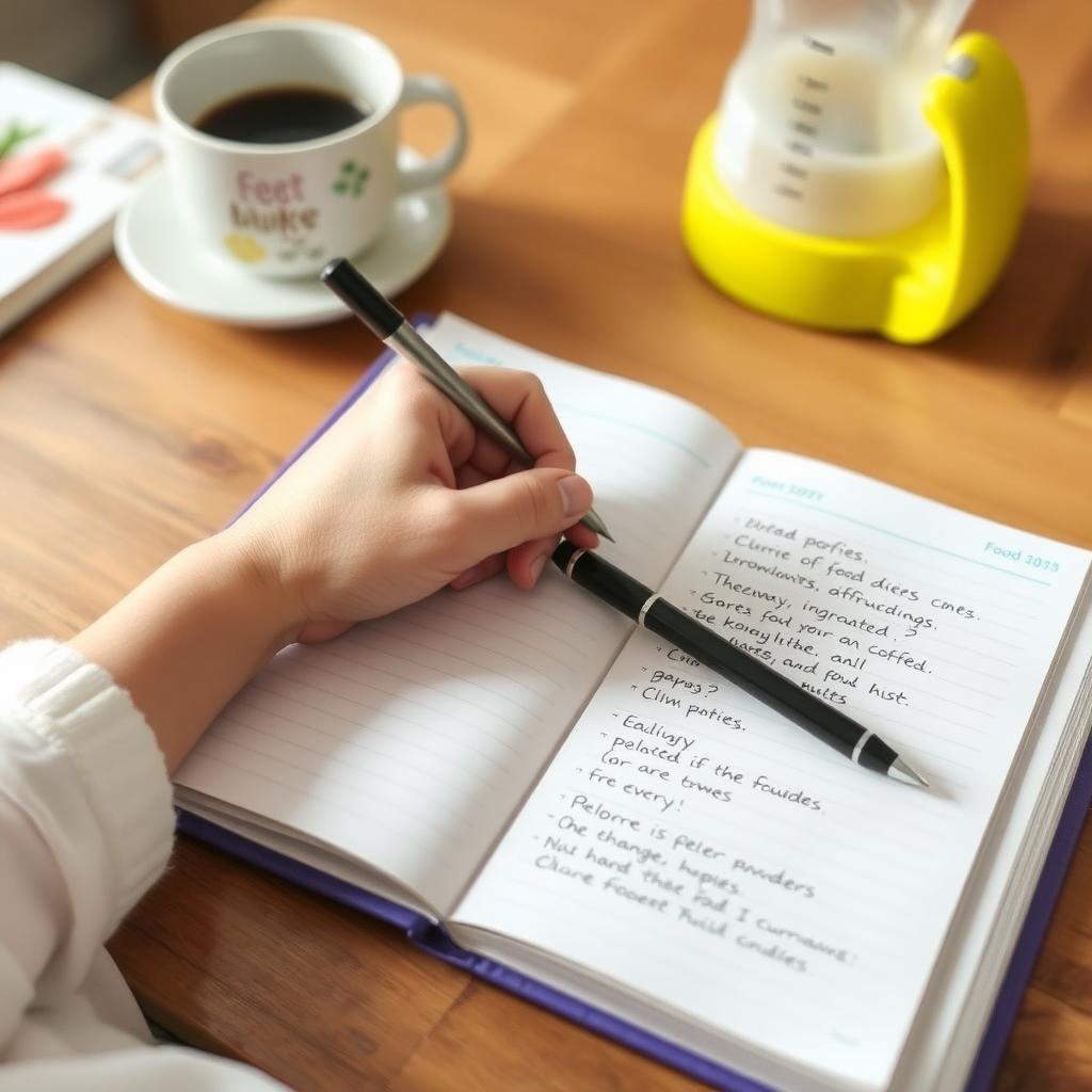 A food diary on a kitchen table with a parent’s notes and a baby bottle.