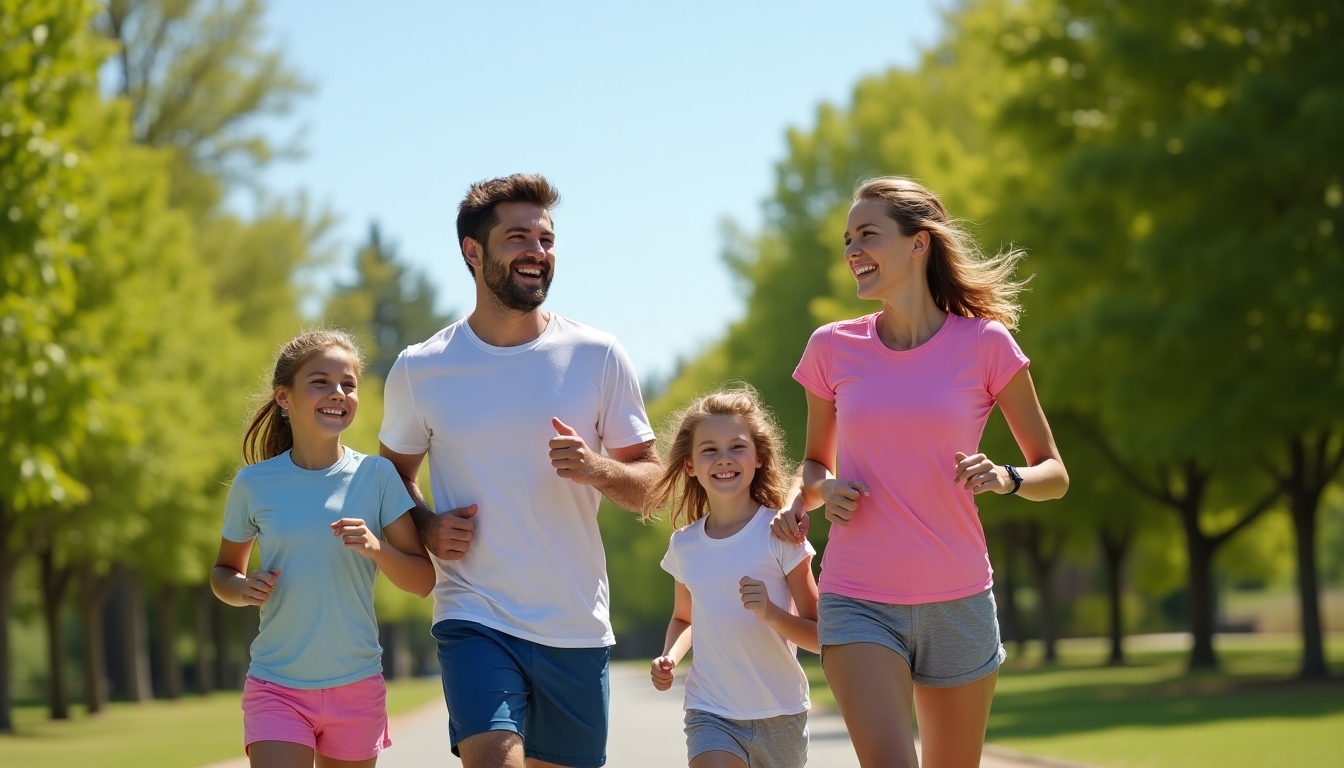 Family jogging happily in a park
