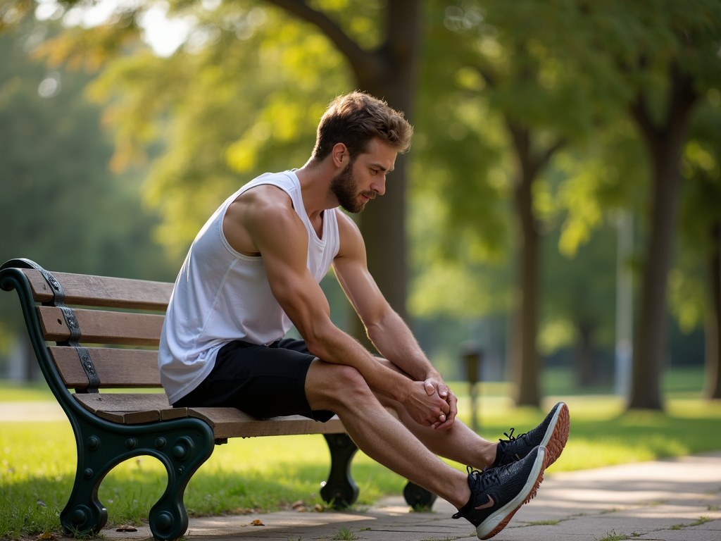 Runner stretching after a race in a peaceful park.
