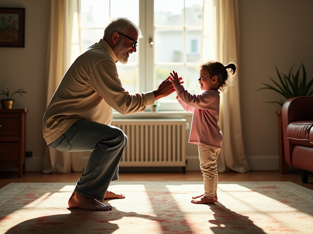 Grandparent and grandchild practicing Tai Chi indoors