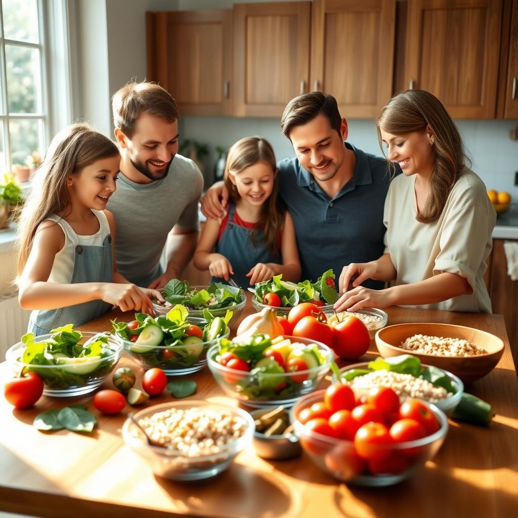 A family of four happily preparing a healthy salad together in a bright kitchen.