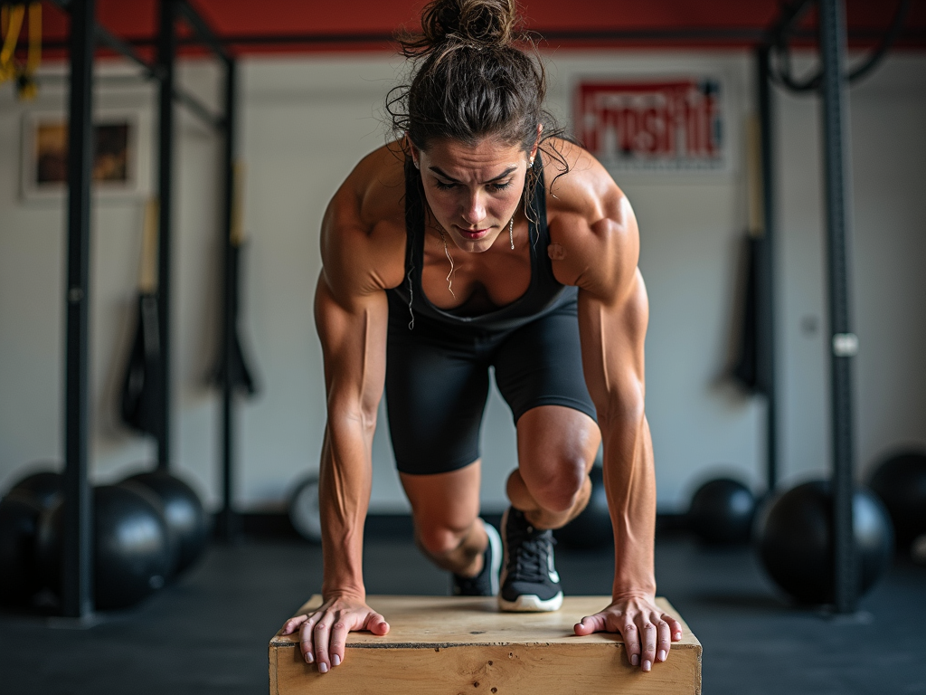 Athlete doing box jumps in a CrossFit gym
