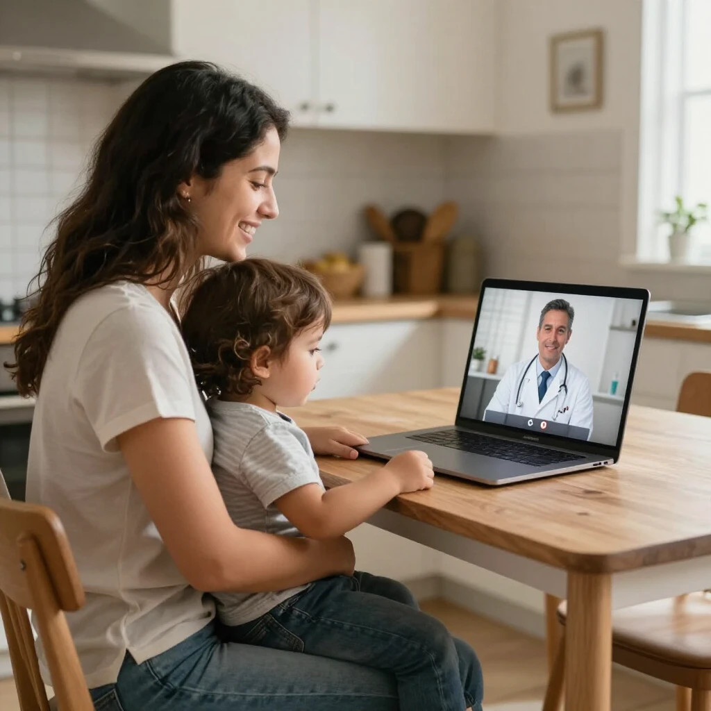 Mother using telehealth to consult a doctor from home with her child
