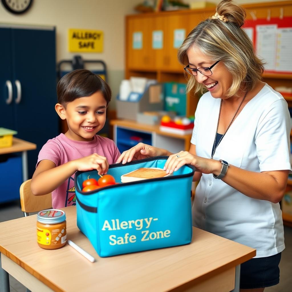 A teacher and student packing an allergy-safe lunchbox in a classroom with an 'Allergy-Safe Zone' sign.