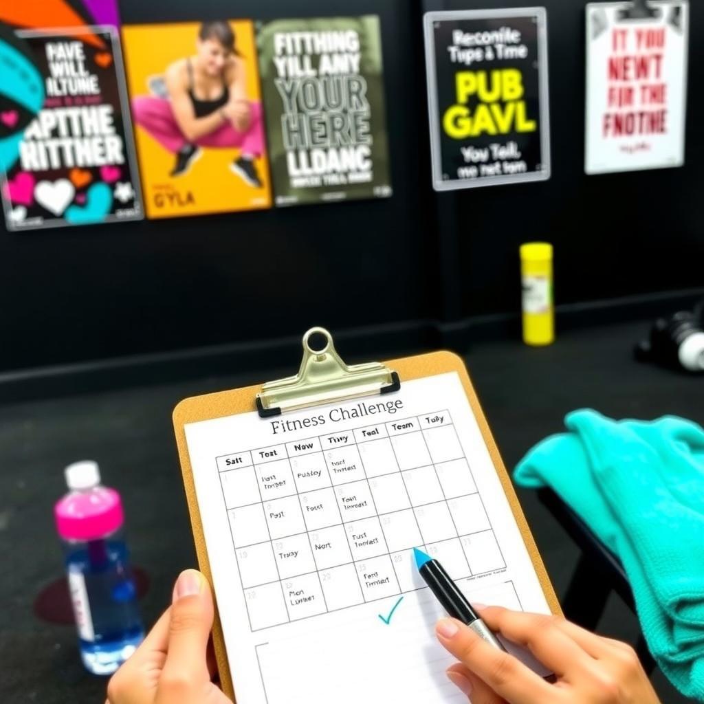 Person marking a fitness challenge calendar in a lively gym with motivational posters.