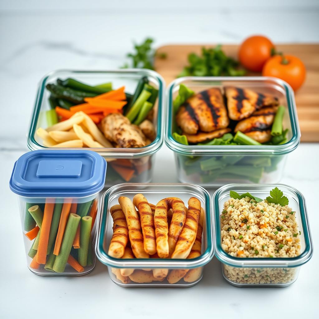 Meal prep containers with steamed vegetables, grilled chicken, and quinoa on a kitchen counter.