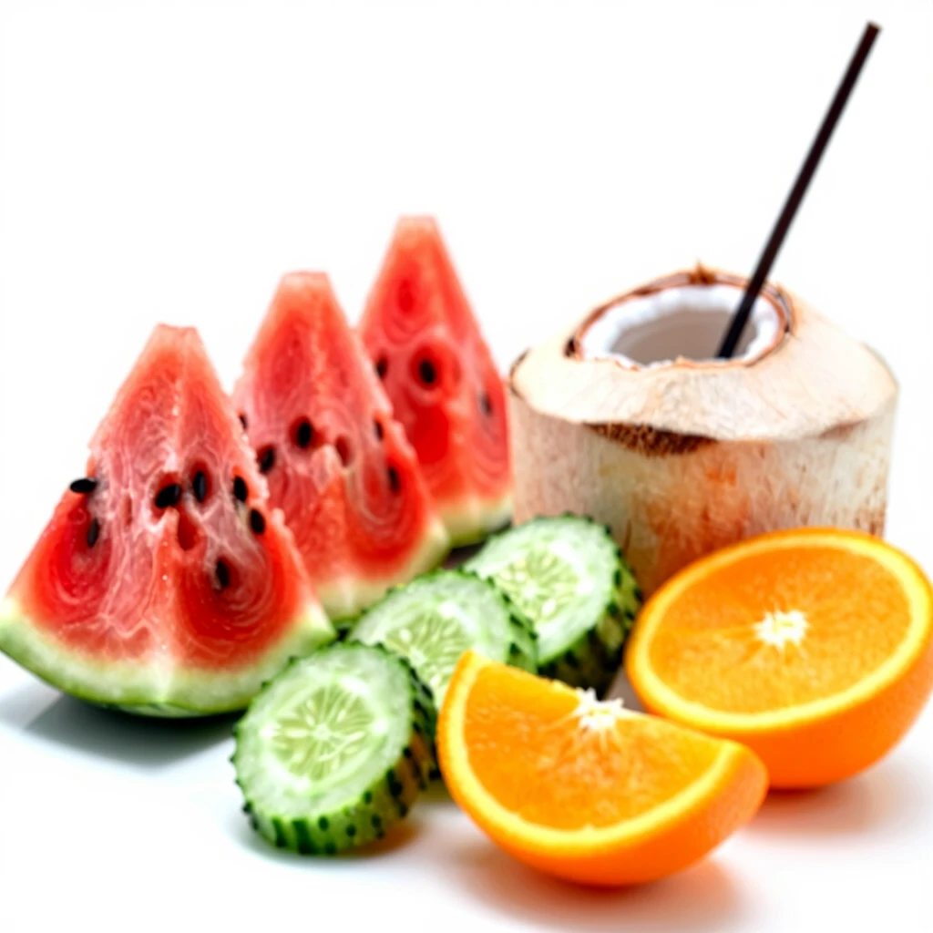 Assortment of water-rich foods like watermelon, cucumber, and oranges for natural hydration