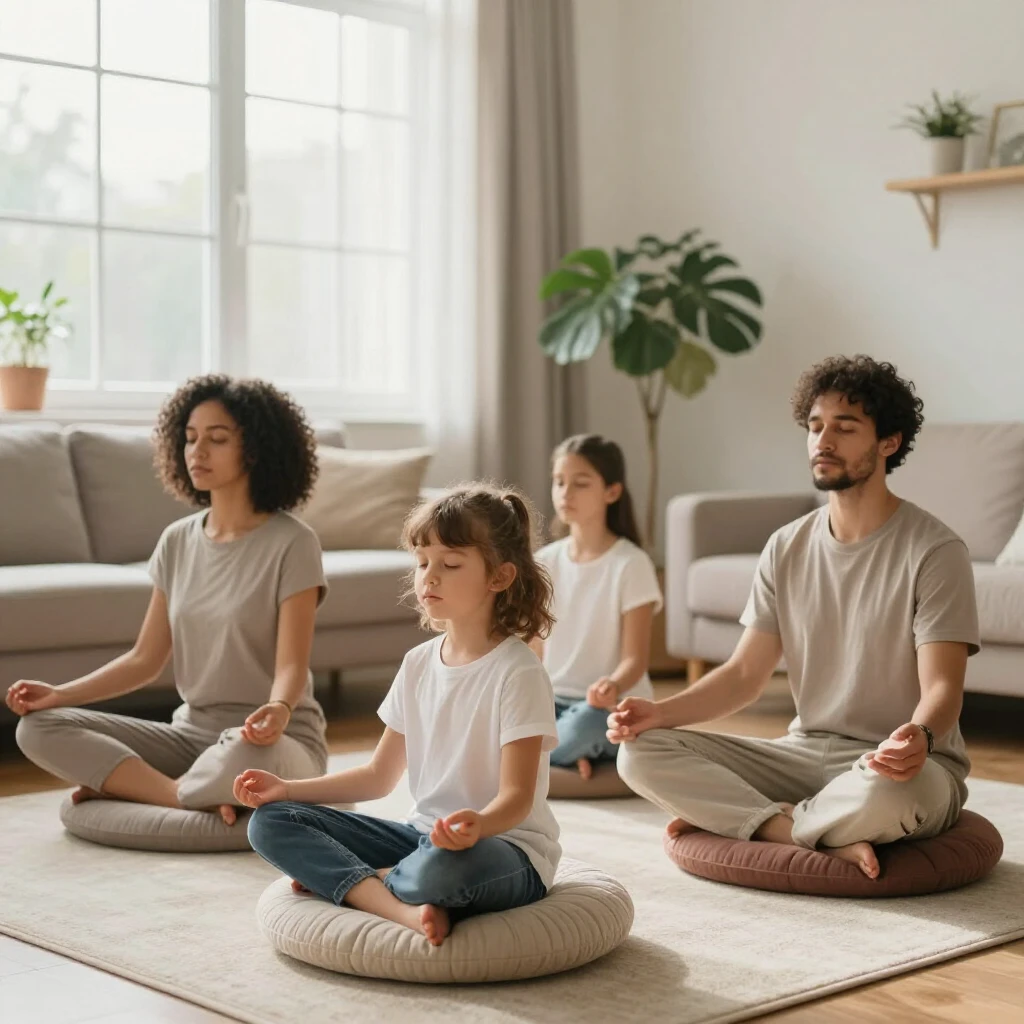 Family practicing mindfulness together in a serene home setting