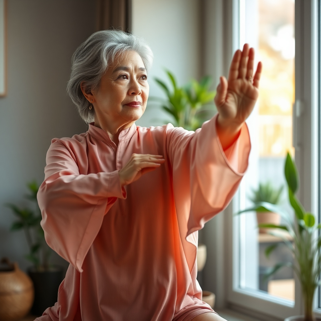 Woman doing Tai Chi at home