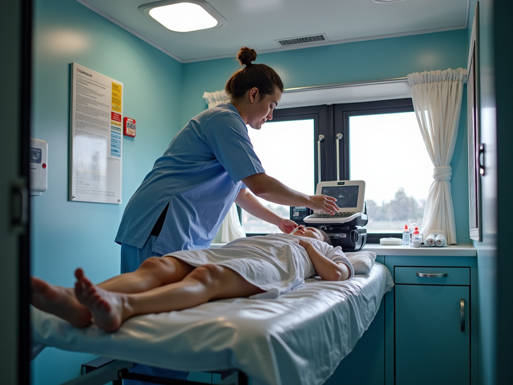 A healthcare worker performing an ultrasound using portable equipment in a mobile clinic.