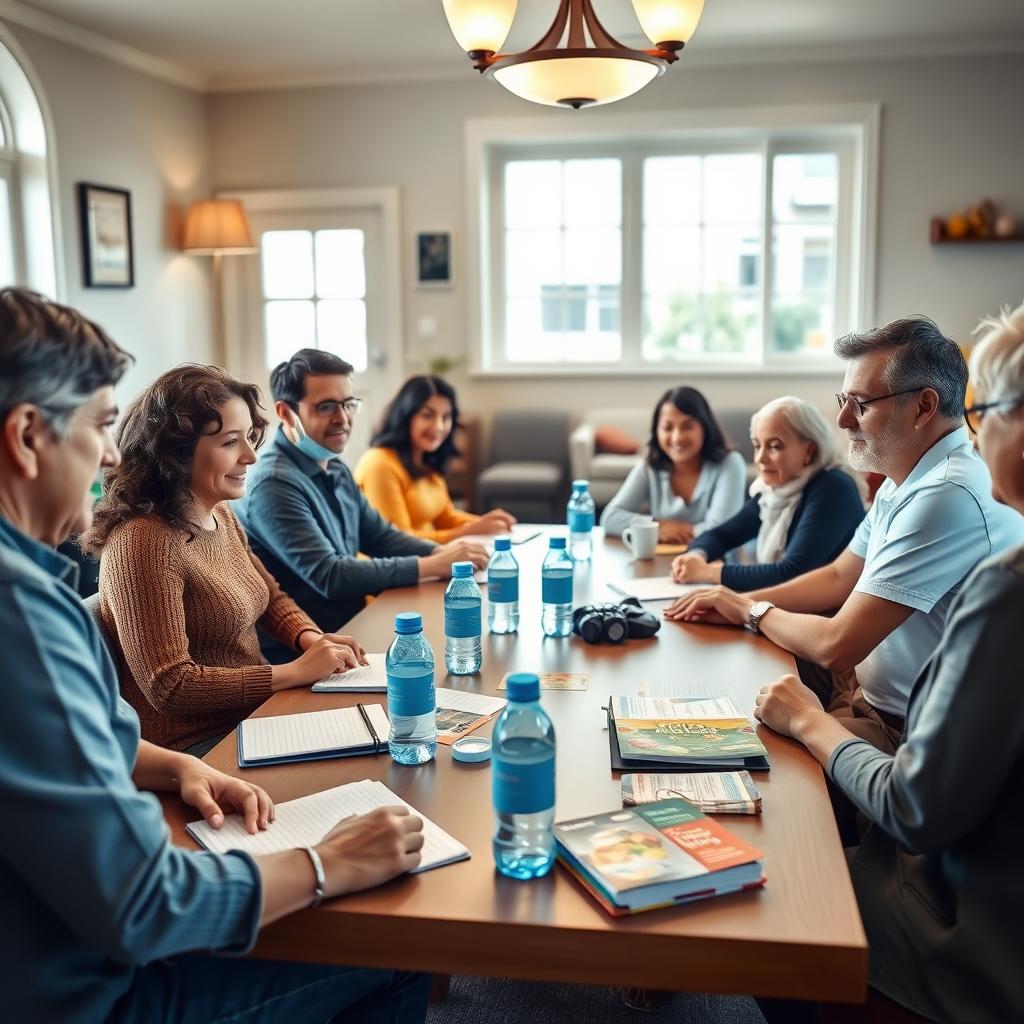 A diverse group of people in a cozy community center discussing chronic food allergies during a support group meeting.